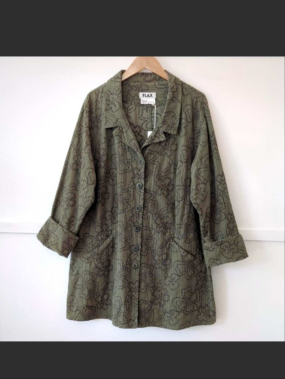 Flax Olive Green Floral-Print Button Front Jacket